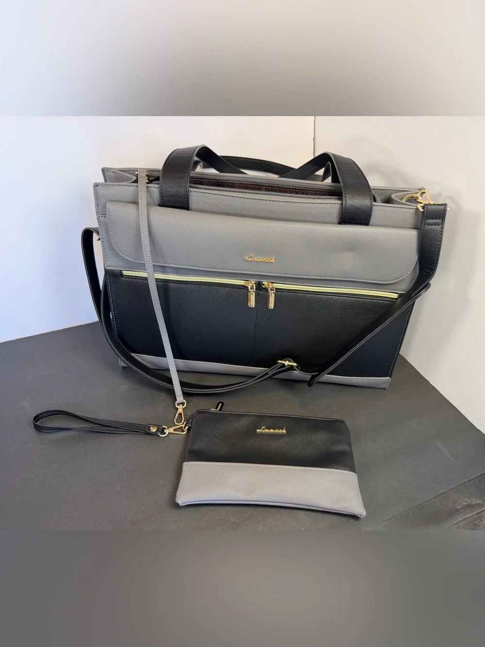 Lovevook Black Gray Colorblock Laptop Tote Bag 2Pc Set USB Port Clutch